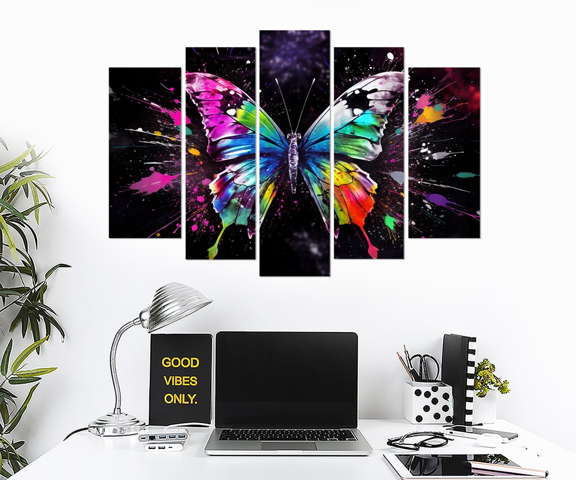 Rainbow Butterfly With Neon Paint Splashes On Black Background Poster - Image 2