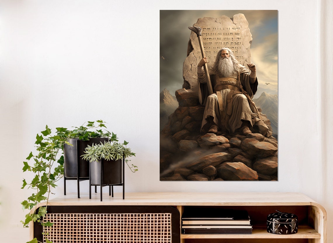 Moses with Staff Stone Tablets Mountaintop Biblical Scene Art Poster - Image 4