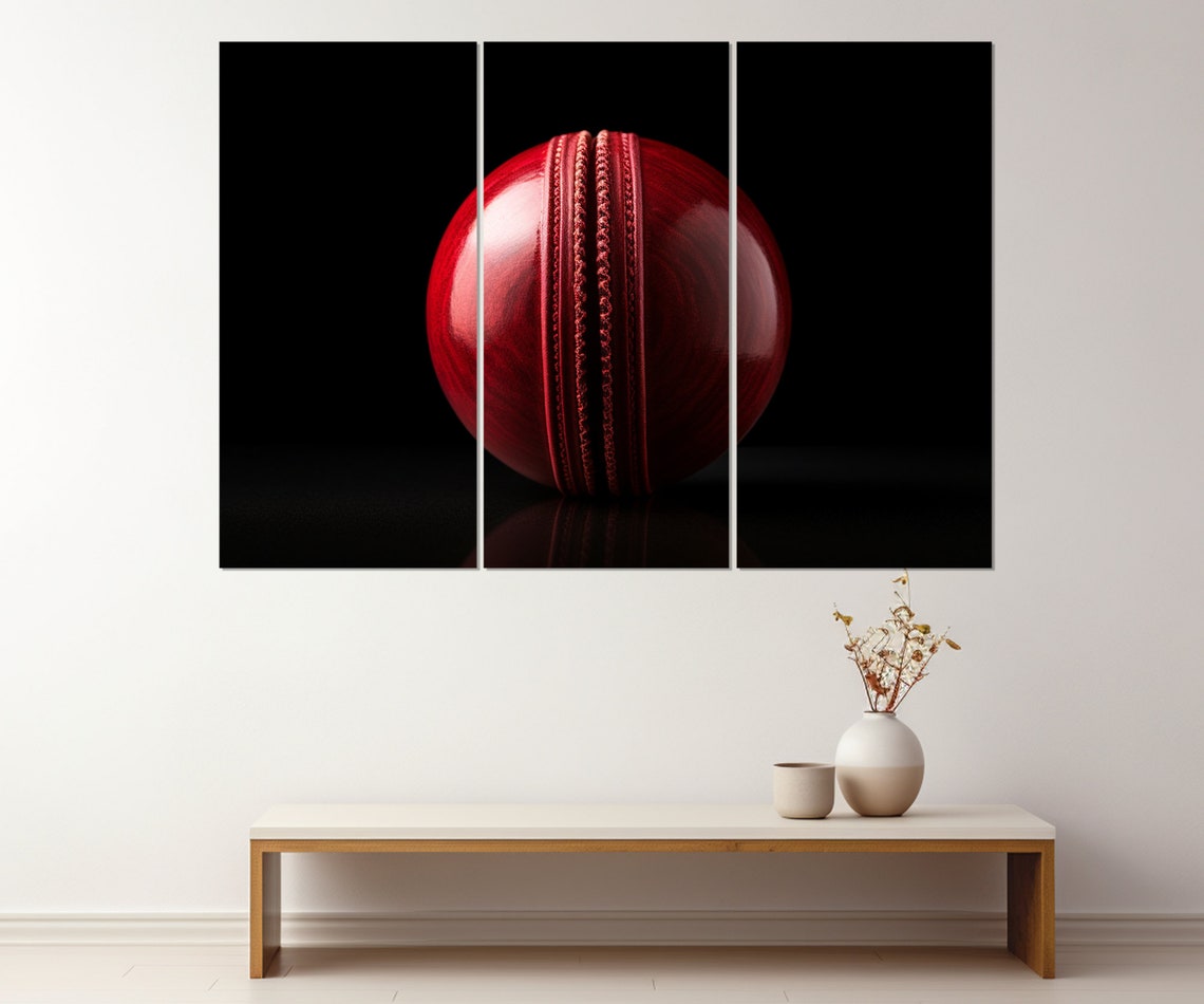 Red Cricket Ball Close Up on Black Dramatic Sports Canvas Wall Art - Image 2