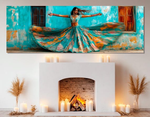 Beautiful Indian Girl In Indian National Dress Dancing On The Street Painting Print Indian Wall Art Framed Ready To Hang