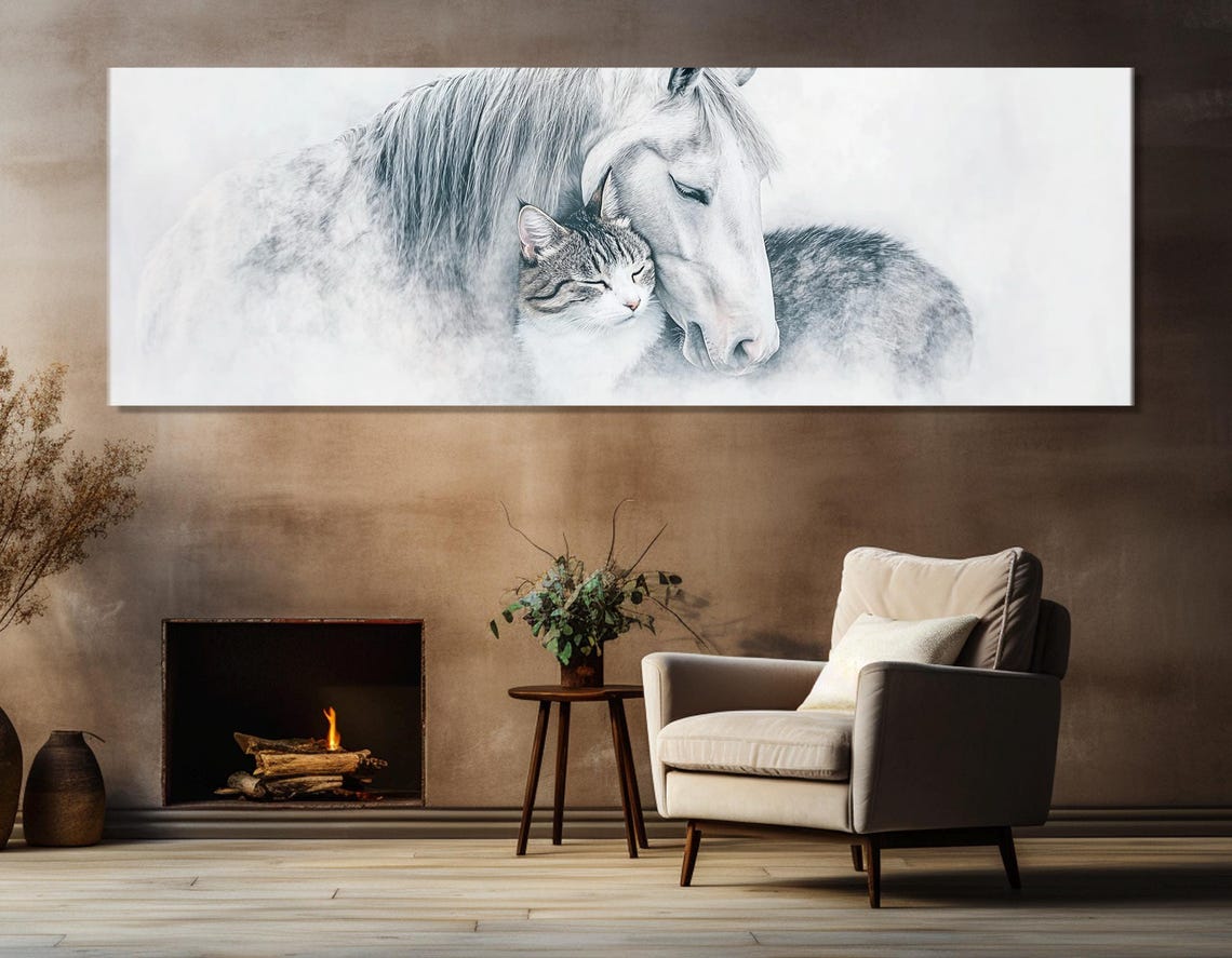 White Horse And Tabby Cat Nuzzling Tender Animal Friendship Art Print