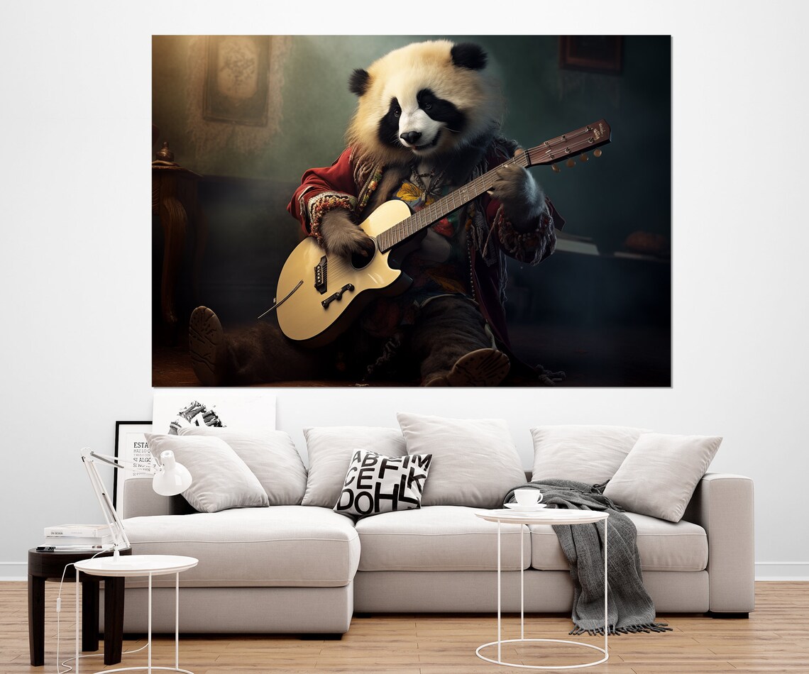 Panda Playing Acoustic Guitar Boho Musician Funny Animal Portrait Wall Poster