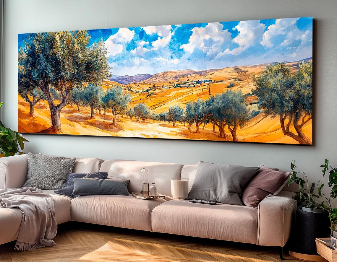Tunisia Golden Hills Olive Grove Watercolor Panoramic Landscape Poster - Image 3