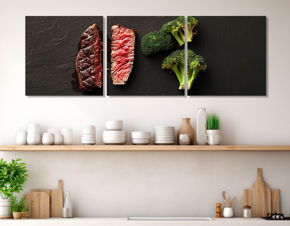 Medium Rare Steak Sliced Broccoli Black Slate Food Photography Poster - Image 4