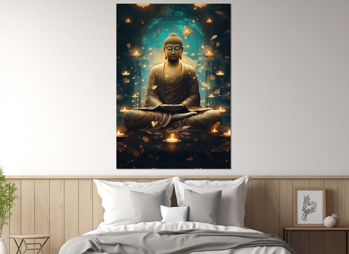 Buddha Meditating Candles Golden Petals Spiritual Zen Wall Art - Image 4