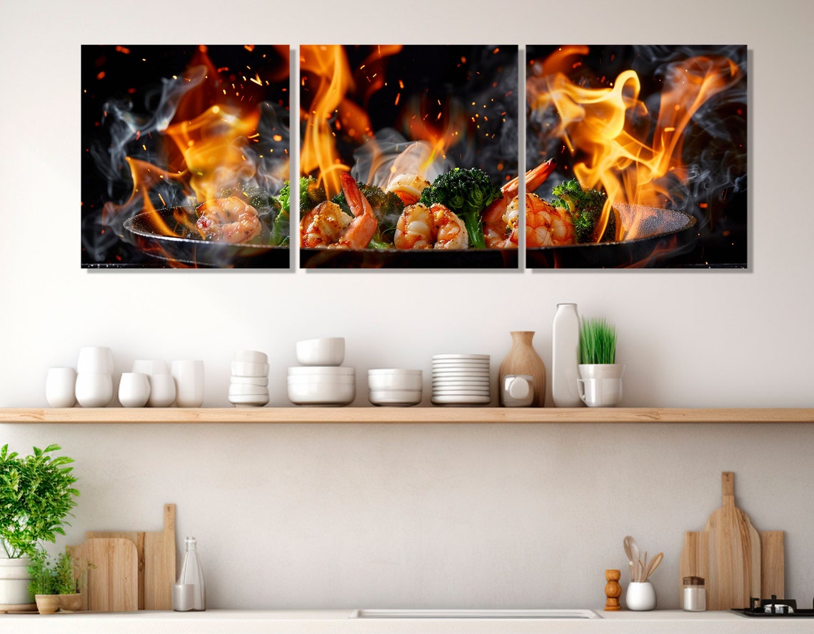 Flaming Wok Shrimp And Broccoli Stir Fry Dramatic Kitchen Wall Art - Image 4