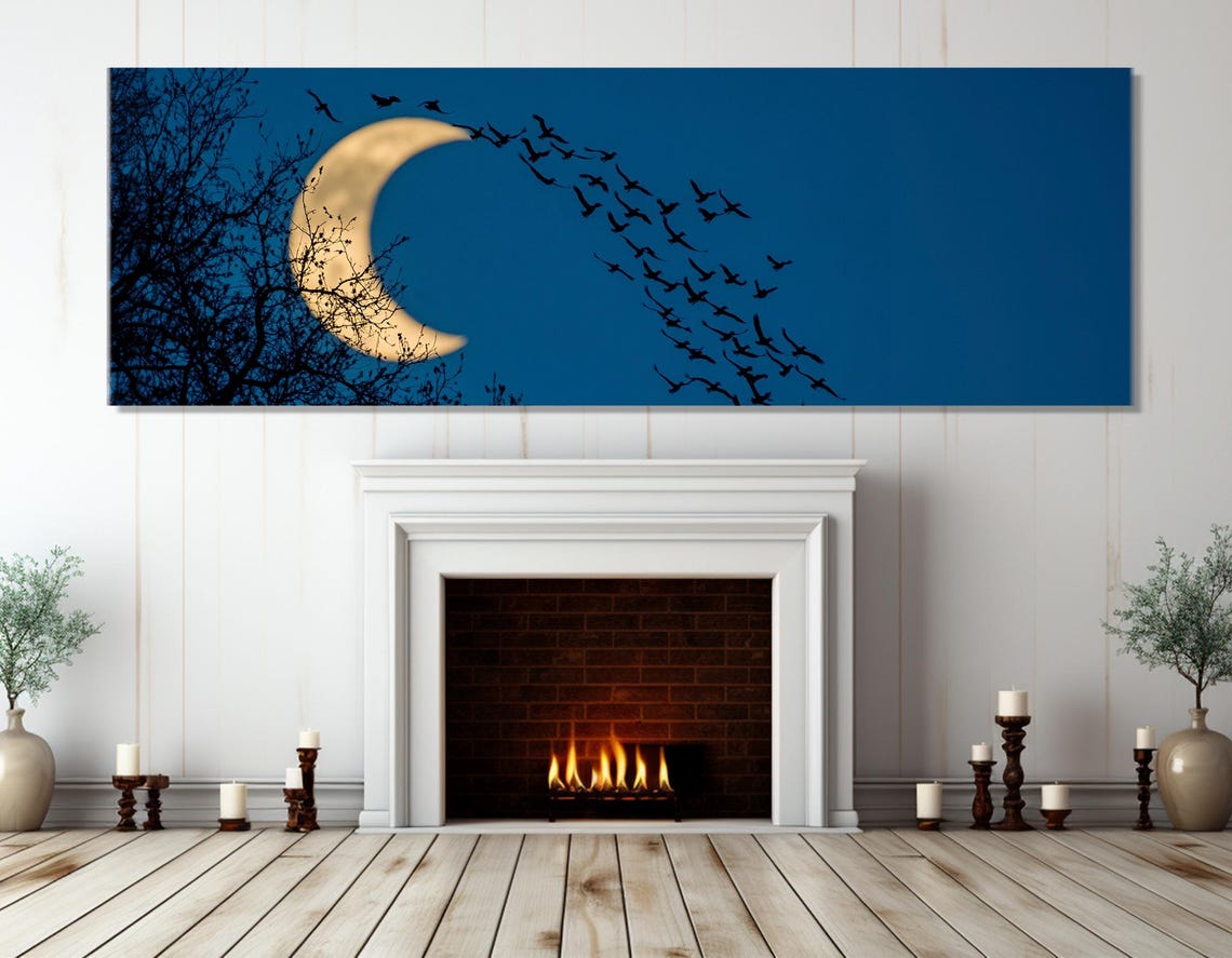 Crescent Moon Night Sky Flock of Birds Silhouette Dark Blue Art Poster