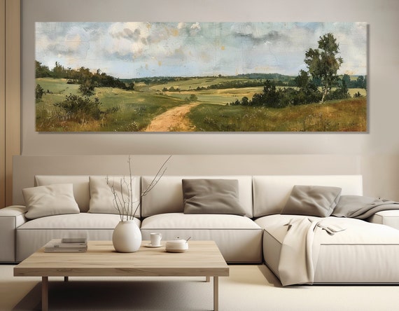 Large Green Meadow Painting Print Rustic Wall Decor Large Hills Poster Farmhouse Wall Art Cabin Decor Framed And Ready To Hang