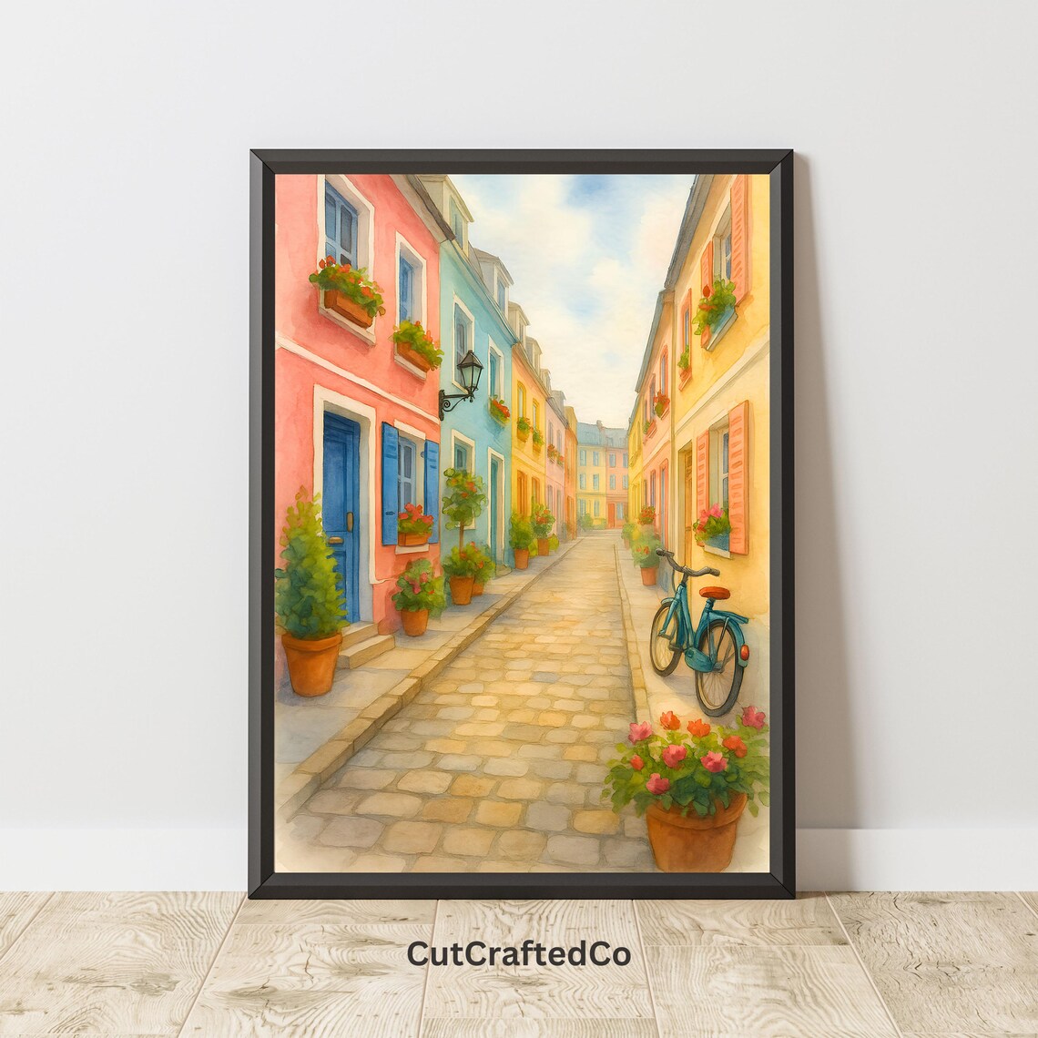 Colorful Paris Street Watercolor Charming French Alley Bicycle Poster
