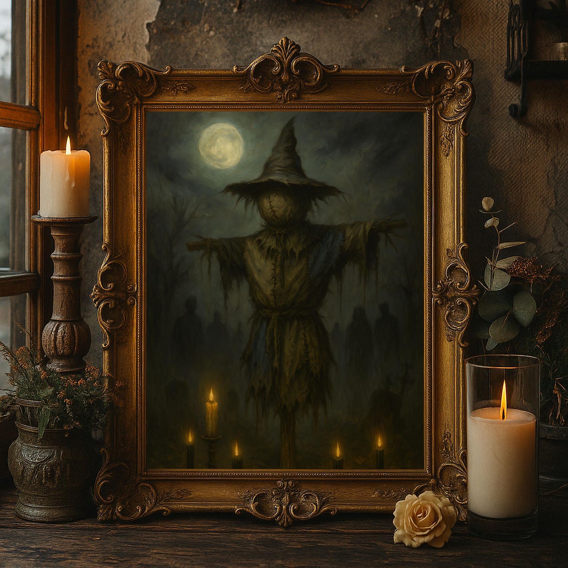 Creepy Scarecrow in a Moonlit Graveyard With Candles Halloween Poster