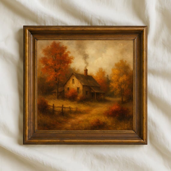Rustic Farmhouse Wall Art Cozy Autumn Cabin Painting Fall Country Home Decor Vintage Harvest Thanksgiving Print