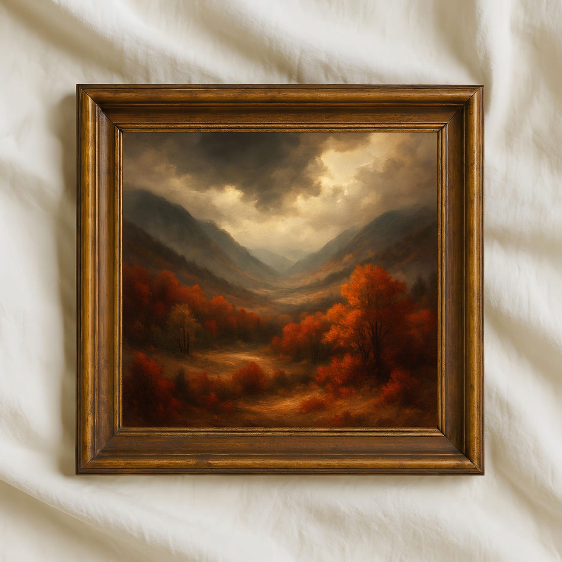 Autumn Valley Landscape Moody Fall Mountains Wall Art Print Square Rustic Nature Artwork For Cozy Home Decor