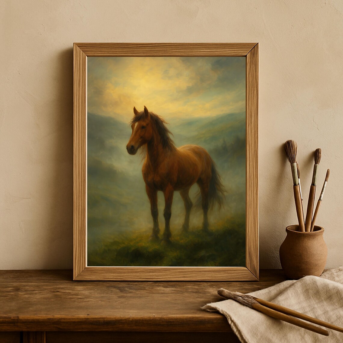 Golden Brown Horse in Mist Mountain Meadow Oil Painting Poster
