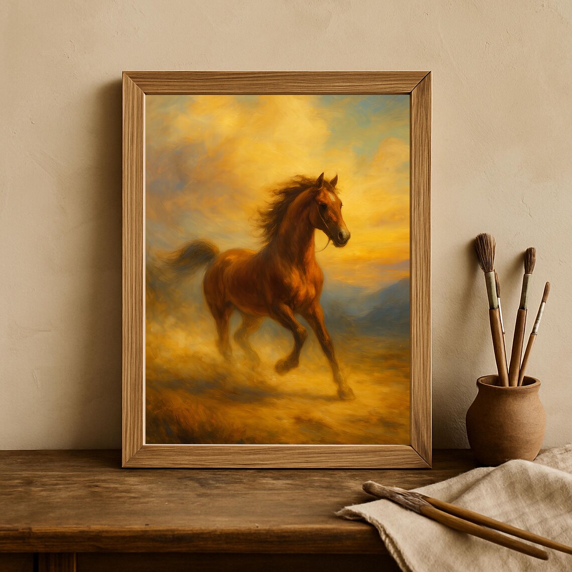 Golden Horse Rustic Western Animal Painting Art Print