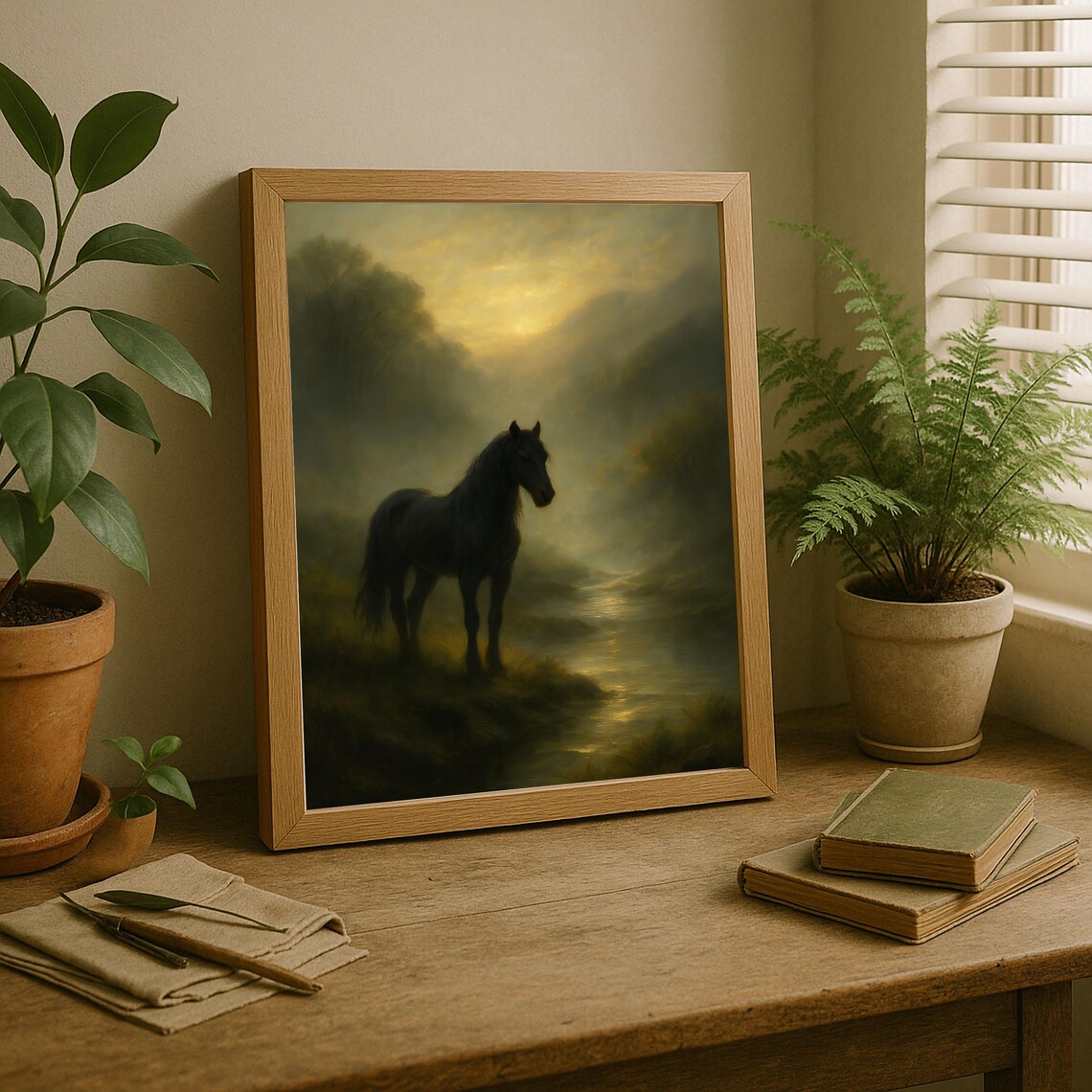 Black Horse by Misty River at Dawn Moody Oil Painting Poster