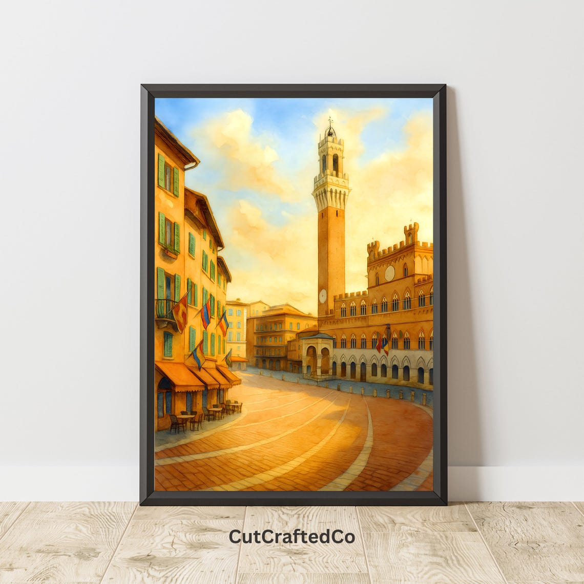 Italian Medieval Square Sunset Watercolor Old Town Architecture Poster