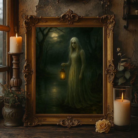 Ghostly Woman Wall Art Haunted River Lantern Painting Gothic Halloween Spirit Decor Creepy Witchy Print