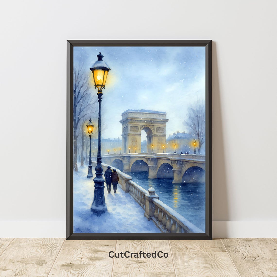 Arc De Triomphe Snowy Paris Lamppost Night Watercolor Poster