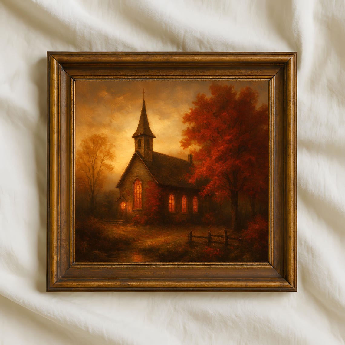 Country Church At Dusk Glowing Windows Autumn Trees Oil Painting Print