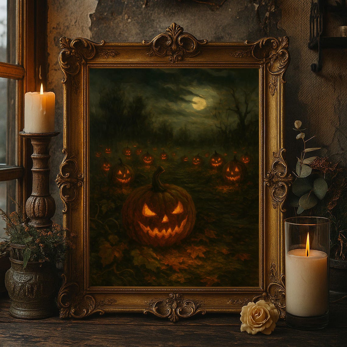 Pumpkin Field Wall Art Spooky Jack O Lantern Halloween Oil Painting Gothic Haunted Artwork