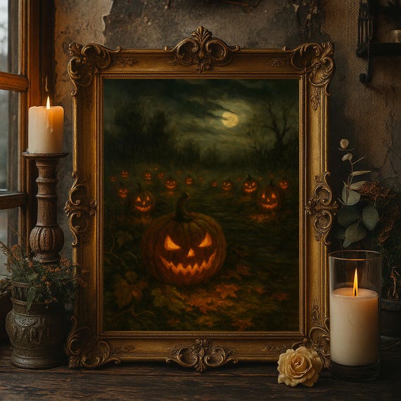 Pumpkin Field Wall Art Spooky Jack O Lantern Halloween Oil Painting Gothic Haunted Artwork