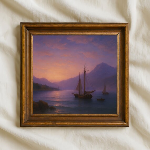 Seaside Sunset Sailboat Purple Sky Tranquil Nautical Wall Art