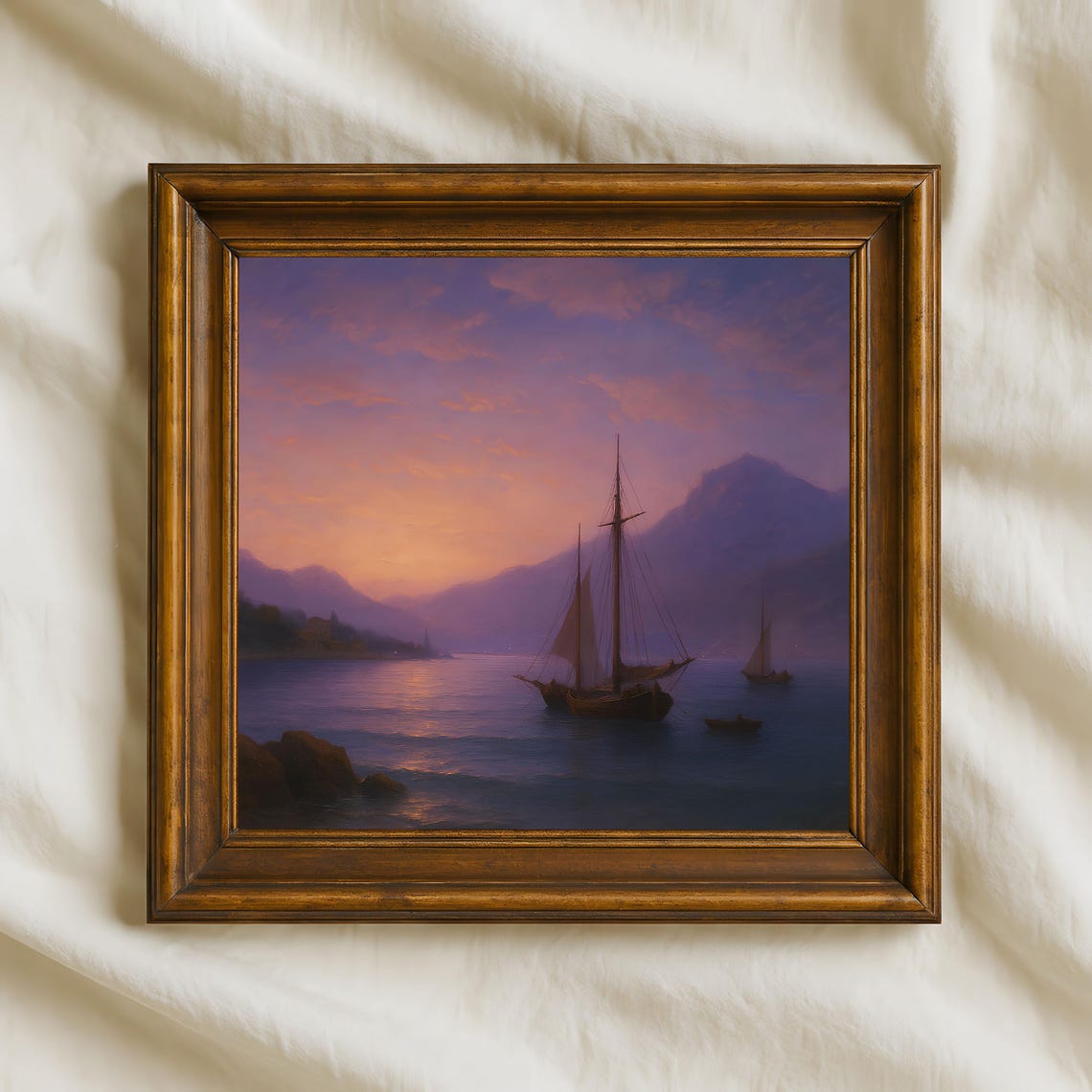 Seaside Sunset Sailboat Purple Sky Tranquil Nautical Wall Art