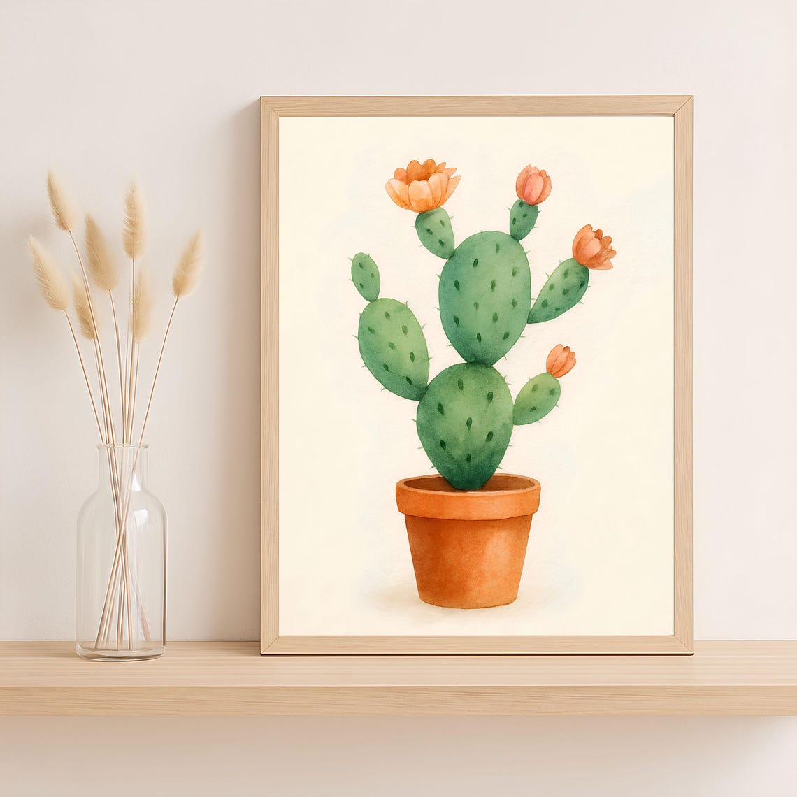 Blooming Prickly Pear Cactus Terracotta Pot Watercolor Poster