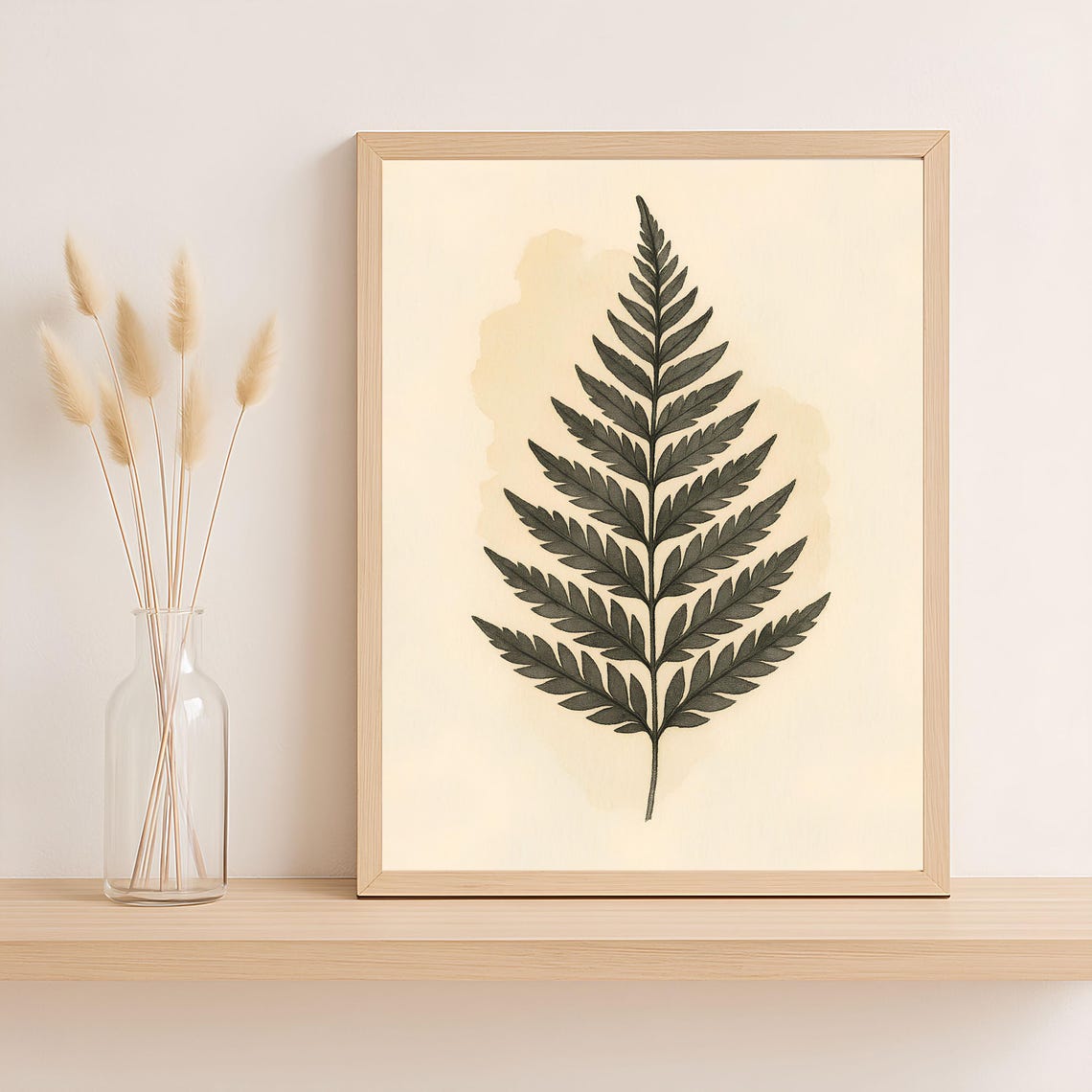 Minimalist Black Fern Leaf Poster On Warm Cream Background Art