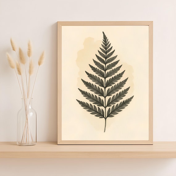 Minimalist Black Fern Leaf Poster On Warm Cream Background Art