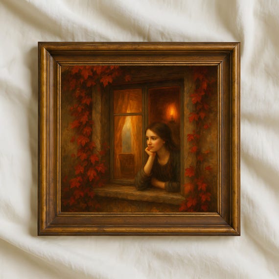 Autumn Window Girl Wall Art Cozy Vintage Painting Rustic Fall Home Decor