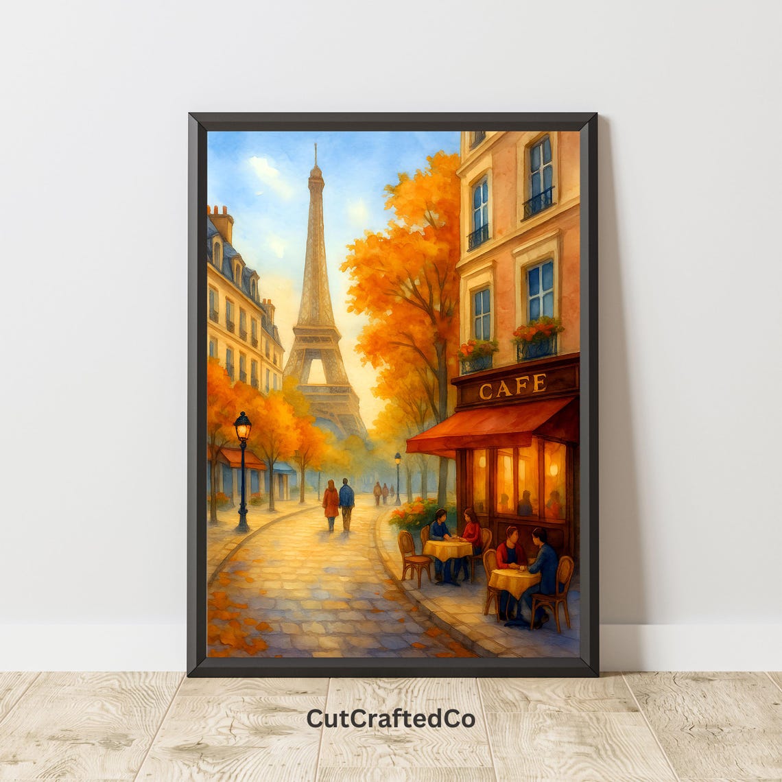 Paris Autumn Street Eiffel Tower Watercolor Cafe Scene Art Poster