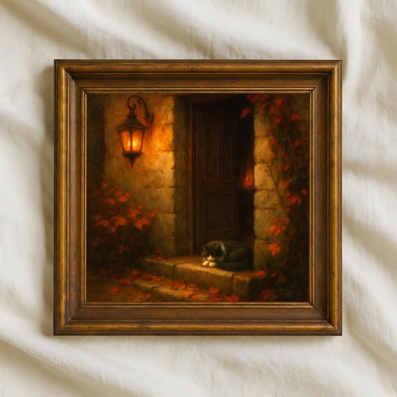 Autumn Cat Doorway Oil Painting Cozy Fall Cottage Wall Art Rustic Lantern Glow Print Vintage For Warm Seasonal Dcor