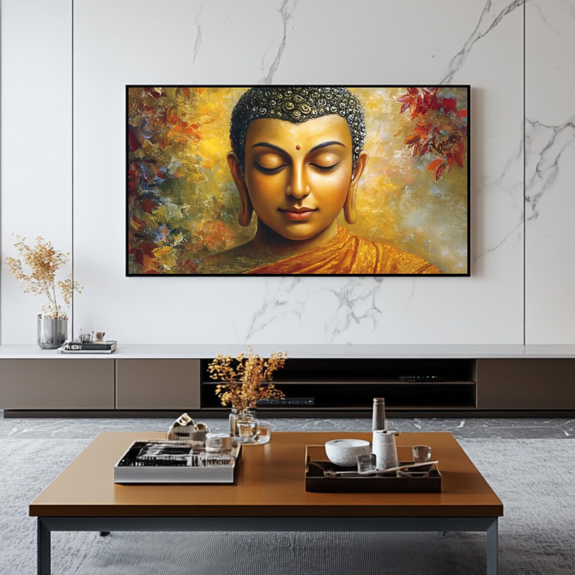 Golden Buddha Meditation Portrait Orange Robe Warm Autumn Art Poster - Image 2