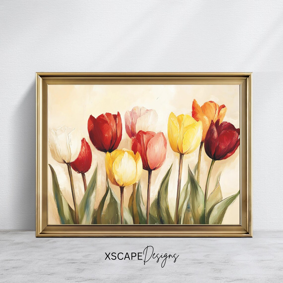 Red Yellow Pink Tulips Classic Floral Oil Painting Spring Wall Poster