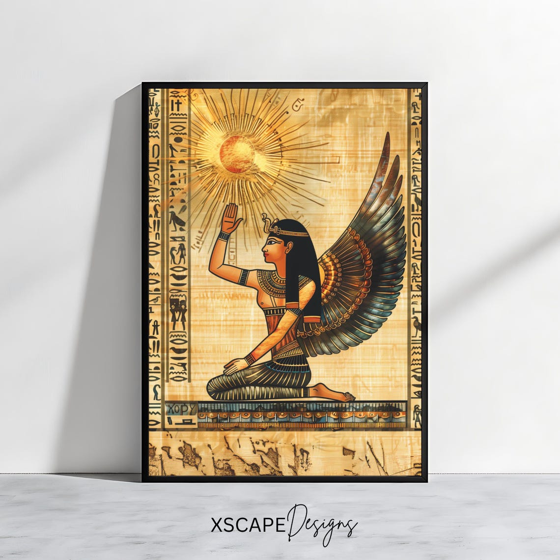 Ancient Egyptian Goddess Maat Papyrus Hieroglyph Sun Mythology Poster