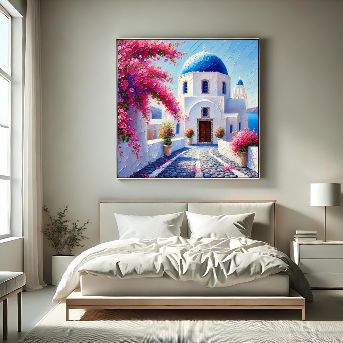 Santorini Blue Dome Church Cobblestone Lane Bougainvillea Travel Poster - Image 2
