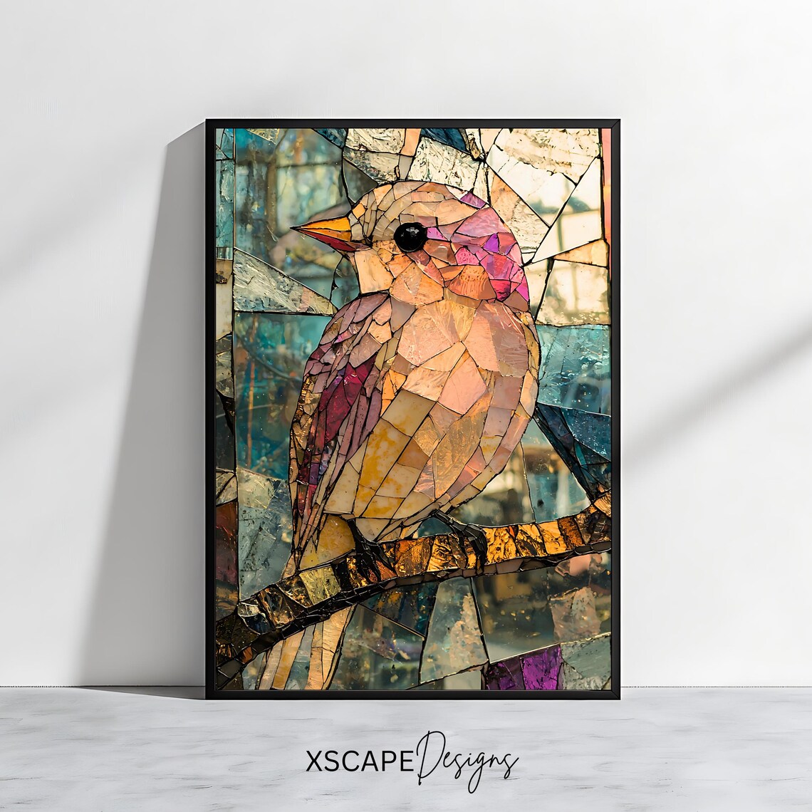 Stained Glass Bird Mosaic, Elegant Nature Artwork