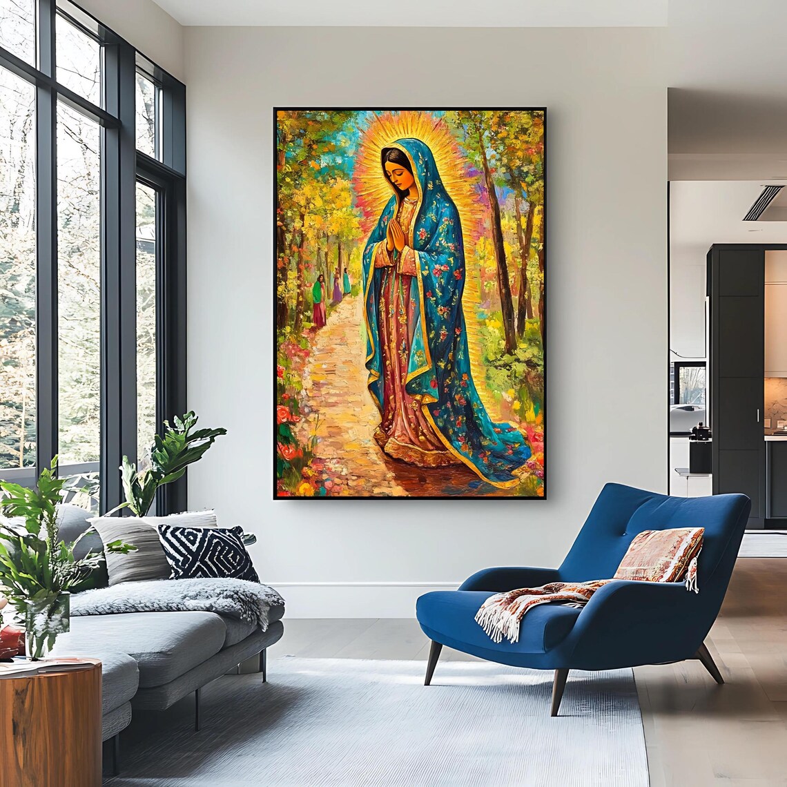 Our Lady of Guadalupe Praying on Forest Path Colorful Poster - Image 2