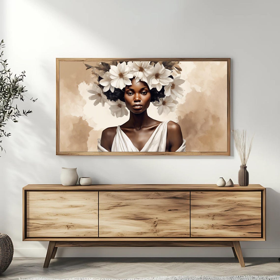 African Beauty White Flower Crown Watercolor Elegant Wall Art - Image 3