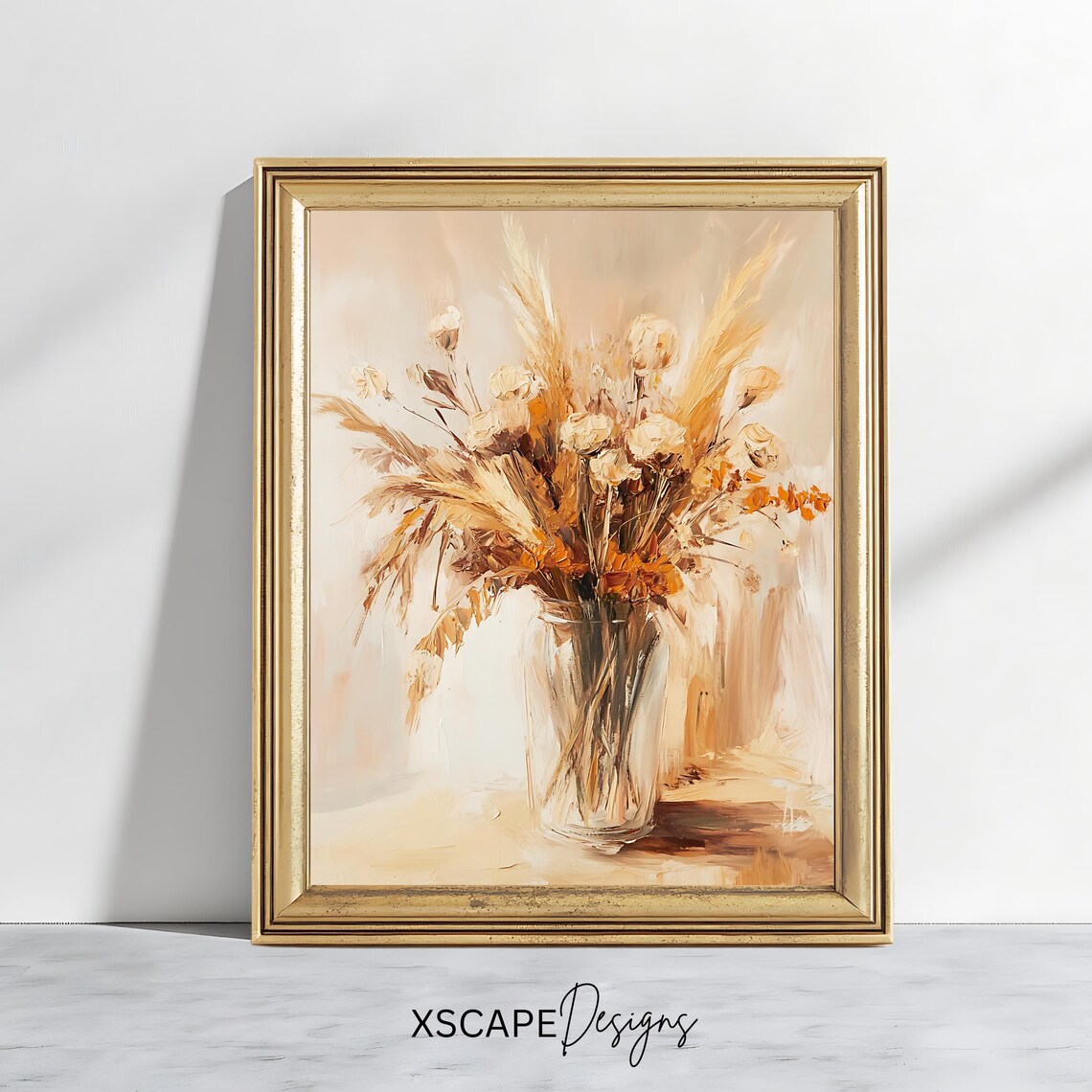 Dried Floral Bouquet in Glass Vase Beige Boho Farmhouse Art Poster