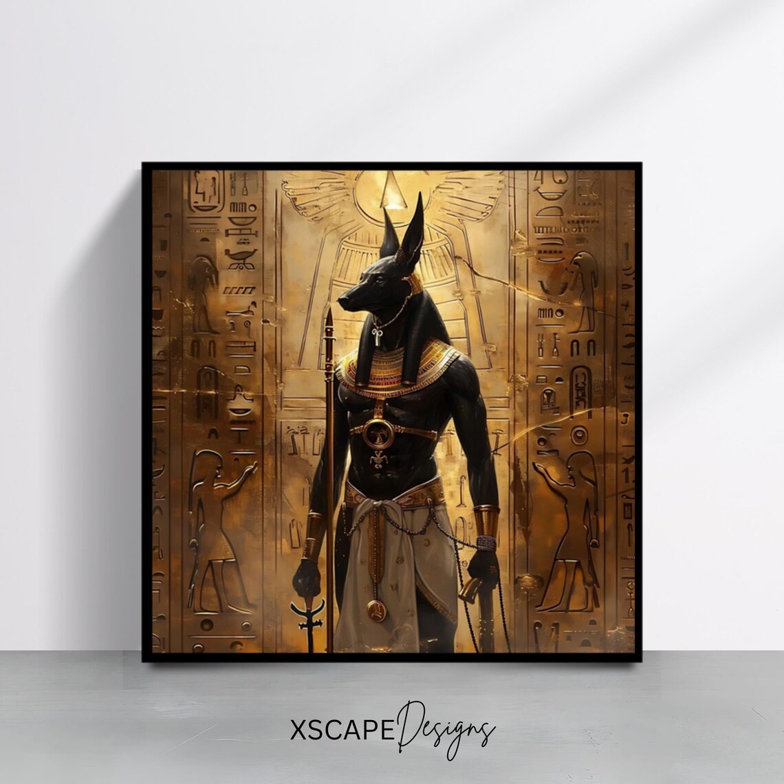 Anubis Egyptian God Golden Hieroglyphs Mythology Art Print Poster