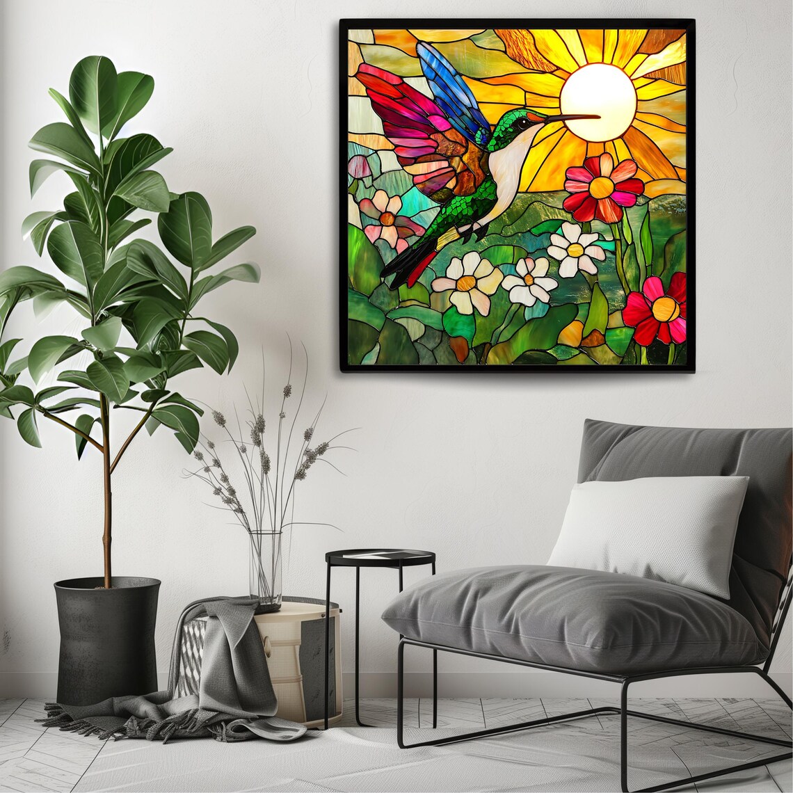 Stained Glass Hummingbird Sun Flowers Colorful Nature Wall Art Poster - Image 3