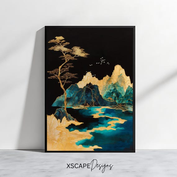 Golden Mountain Wall Art Abstract Landscape Print Poster Modern Home Decor