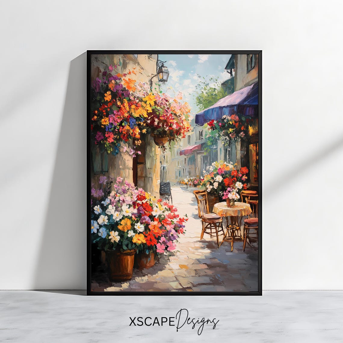 French Cafe Flower Lined Cobblestone Street Terrace Summer Wall Art