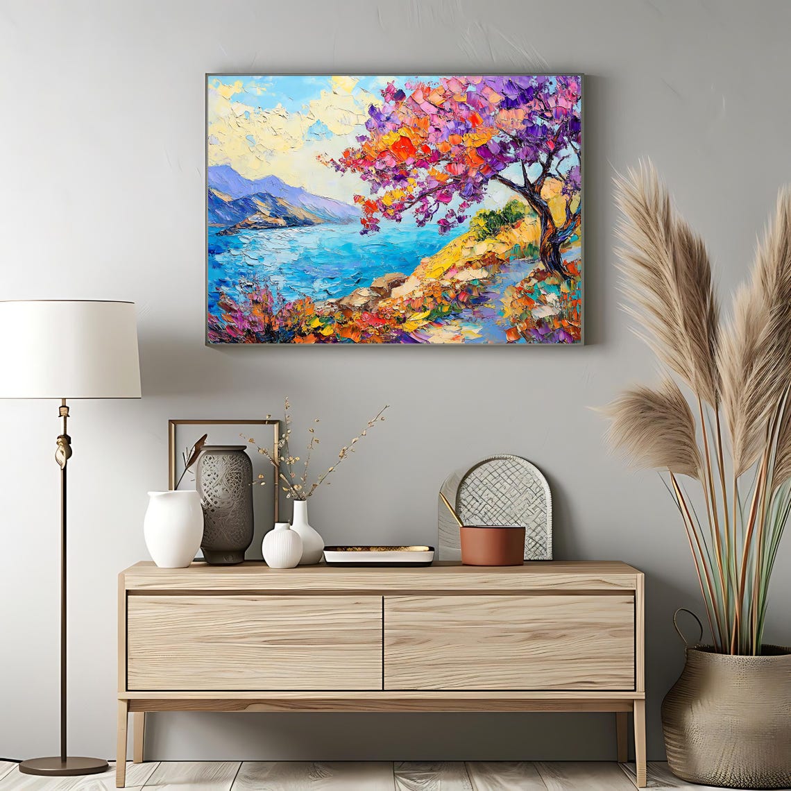 Blossoming Coastal Tree Turquoise Bay Impasto Seaside View Poster - Image 3