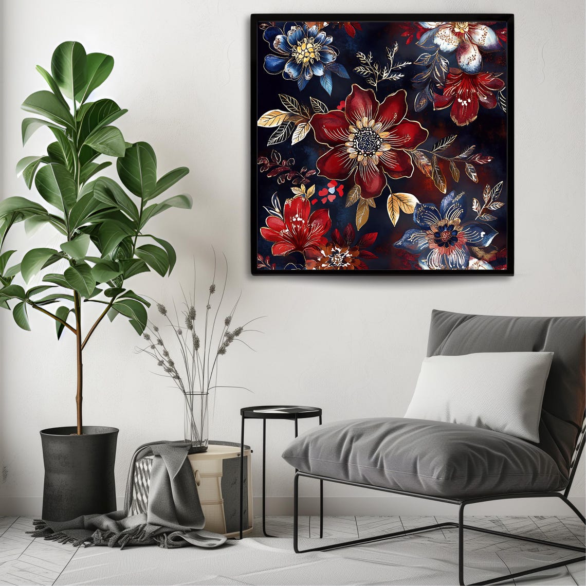 Dark Moody Red Blue Floral Pattern Gold Leaves Botanical Art Print - Image 3