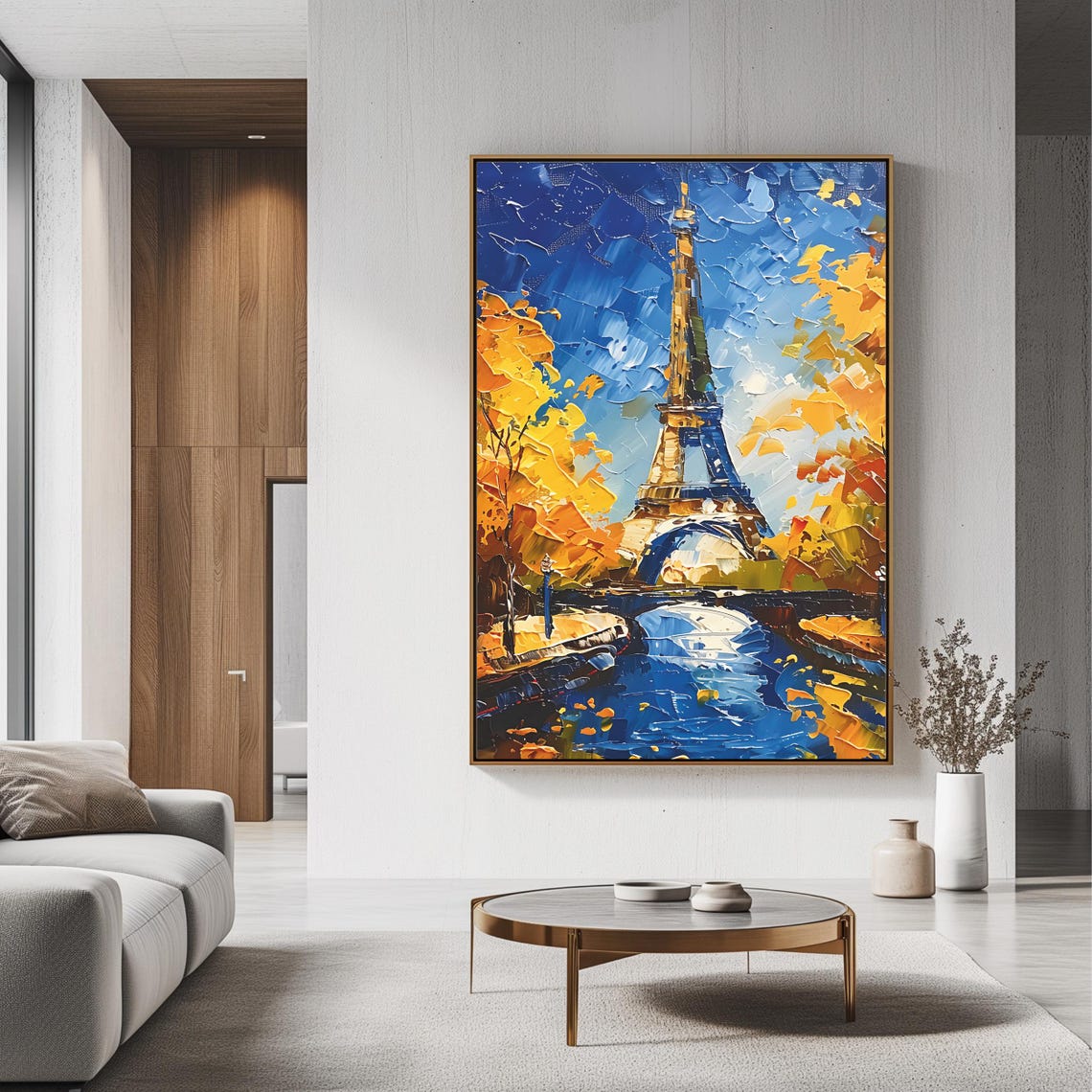 Paris Eiffel Tower Autumn Gold Foliage Night Sky Impasto Art Poster - Image 3