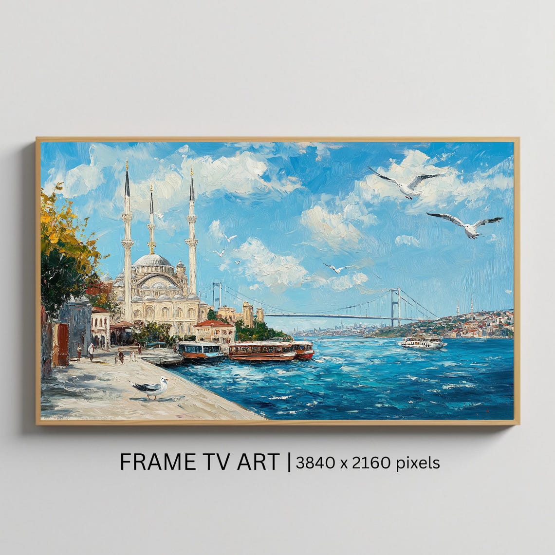 Istanbul Bosphorus Waterfront Mosque Bridge Seagulls Painting Poster