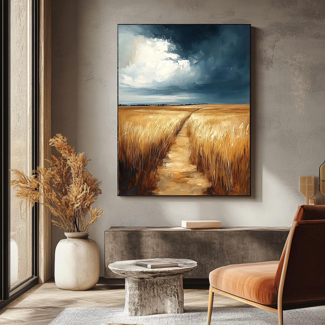 Rustic Wheat Field Stormy Sky Golden Harvest Countryside Path Poster - Image 3